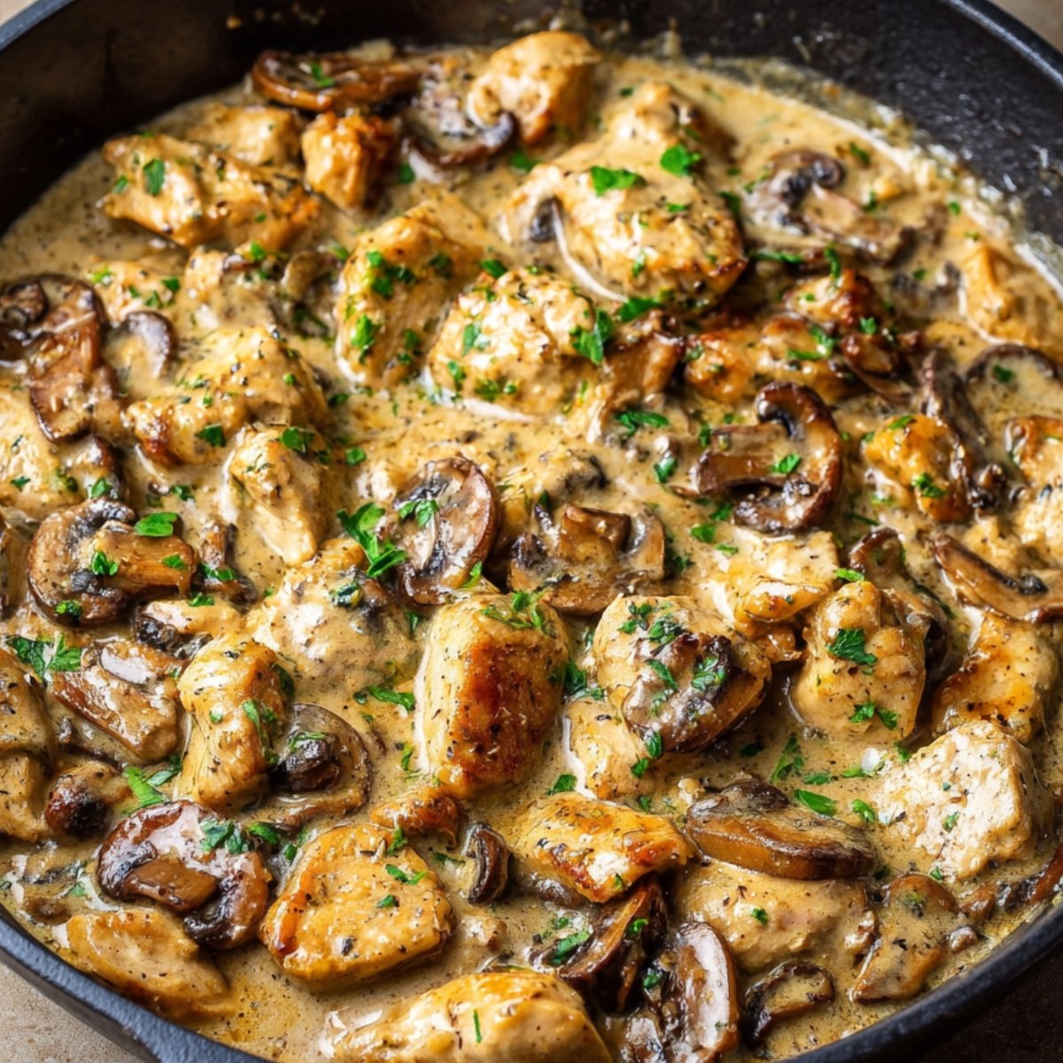 A skillet filled with creamy chicken stroganoff, featuring tender chicken pieces, sautéed mushrooms, and fresh parsley.