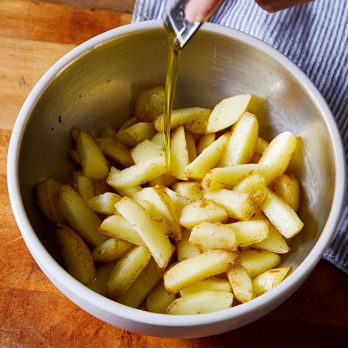 Transfer the steamed potatoes to a large bowl and drizzle the olive oil over them. Toss gently with your hands or a spatula, making sure each fry gets a light coating of oil.