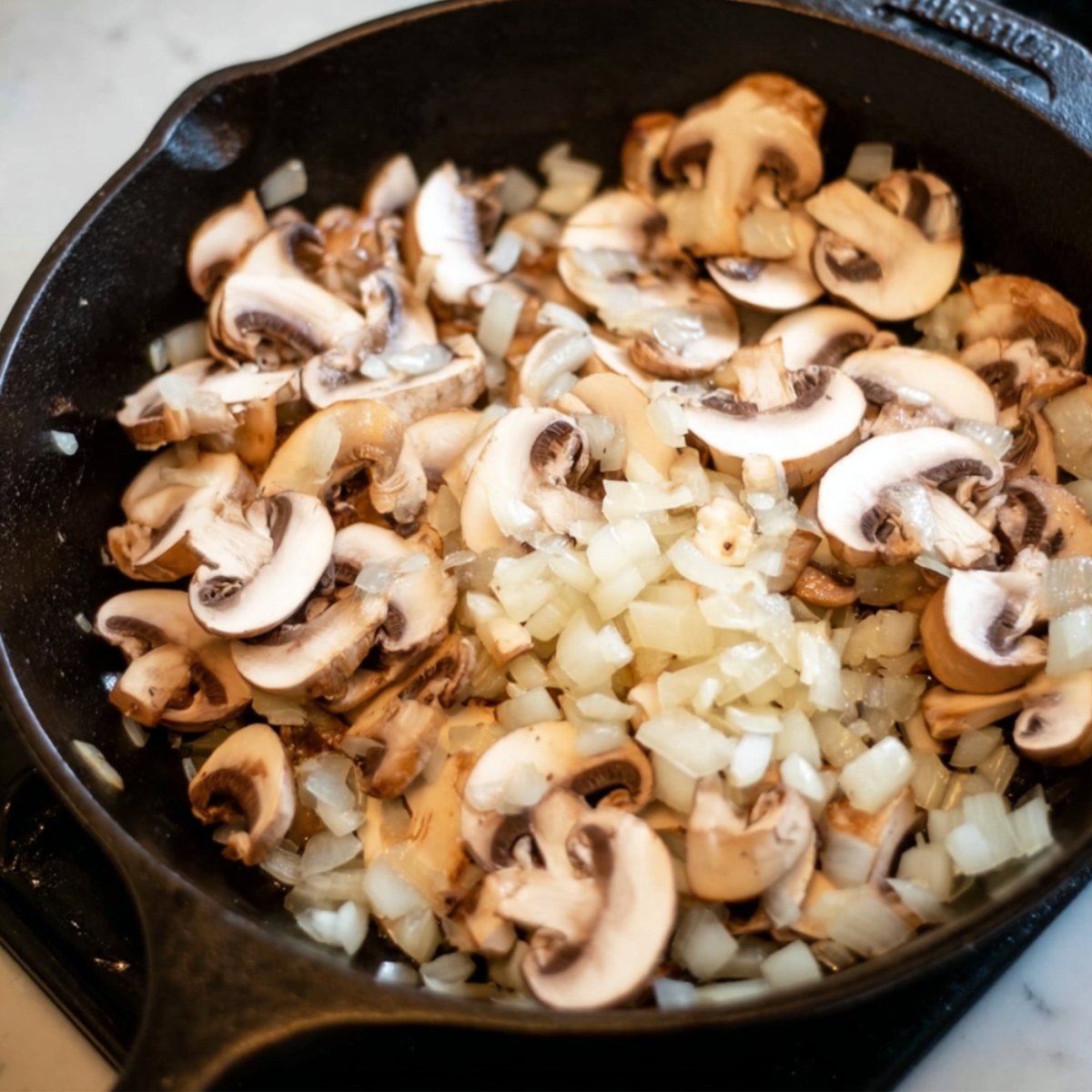 Add the butter to the same skillet and let it melt. Toss in your sliced mushrooms and chopped onions, and sauté for 6 to 8 minutes. You'll know they're ready when the water has evaporated and the mushrooms start to develop a nice sear with golden-brown edges.