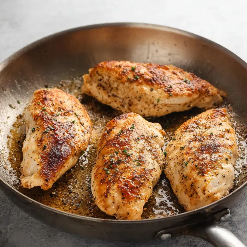 Heat a large skillet over medium heat. Once it's hot, add 1 tablespoon of olive oil and swirl it around to coat the surface. Add the chicken pieces and cook on each side until they're golden brown and cooked through, about 7 to 10 minutes total. The chicken should feel firm when you press it gently. Remove the chicken and set it aside on a clean plate.