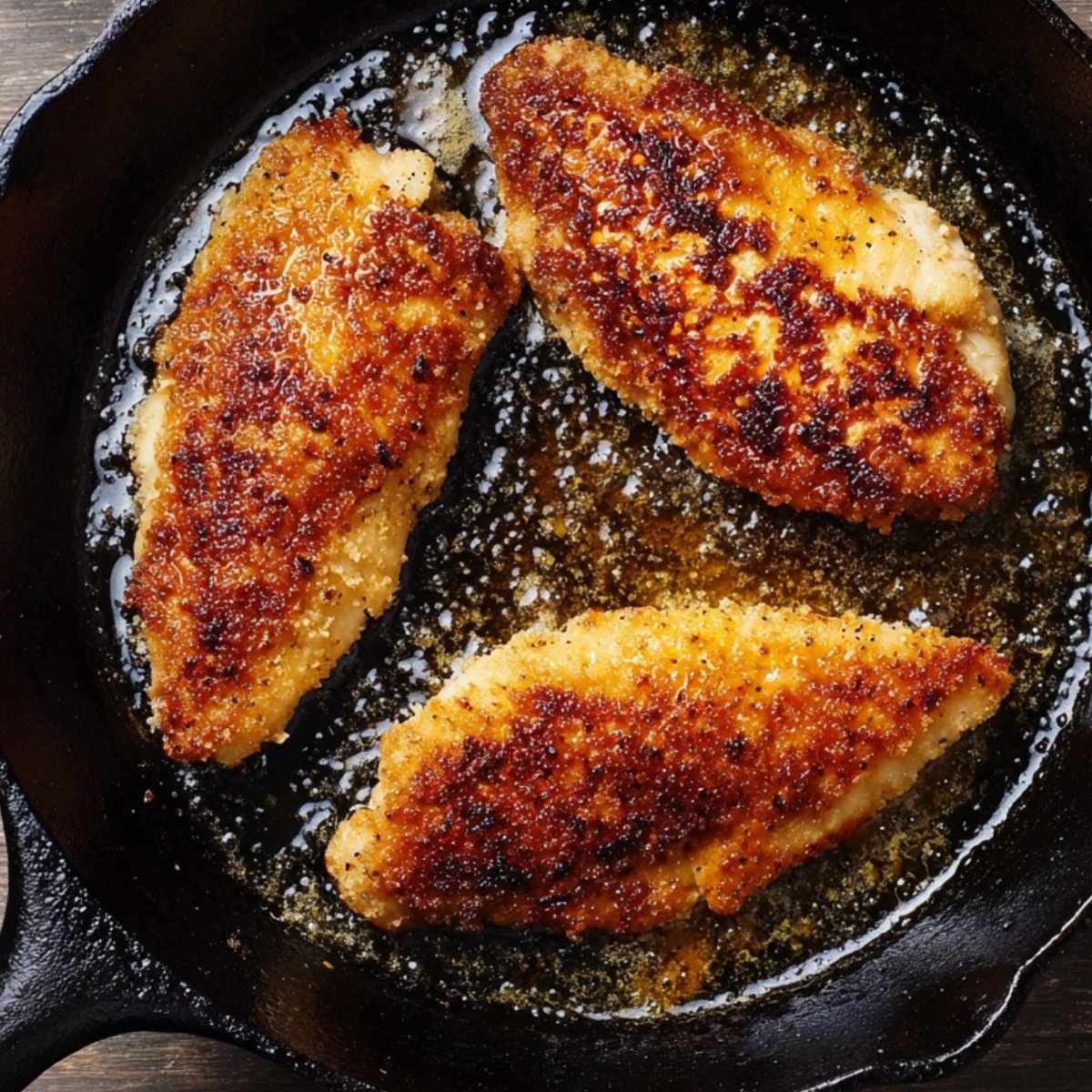 Heat a good glug of oil in your cast-iron skillet over medium-high heat. Once it's shimmering, add the chicken and cook for 2 to 3 minutes per side. You're looking for a deep golden brown color and an internal temperature of 165°F.