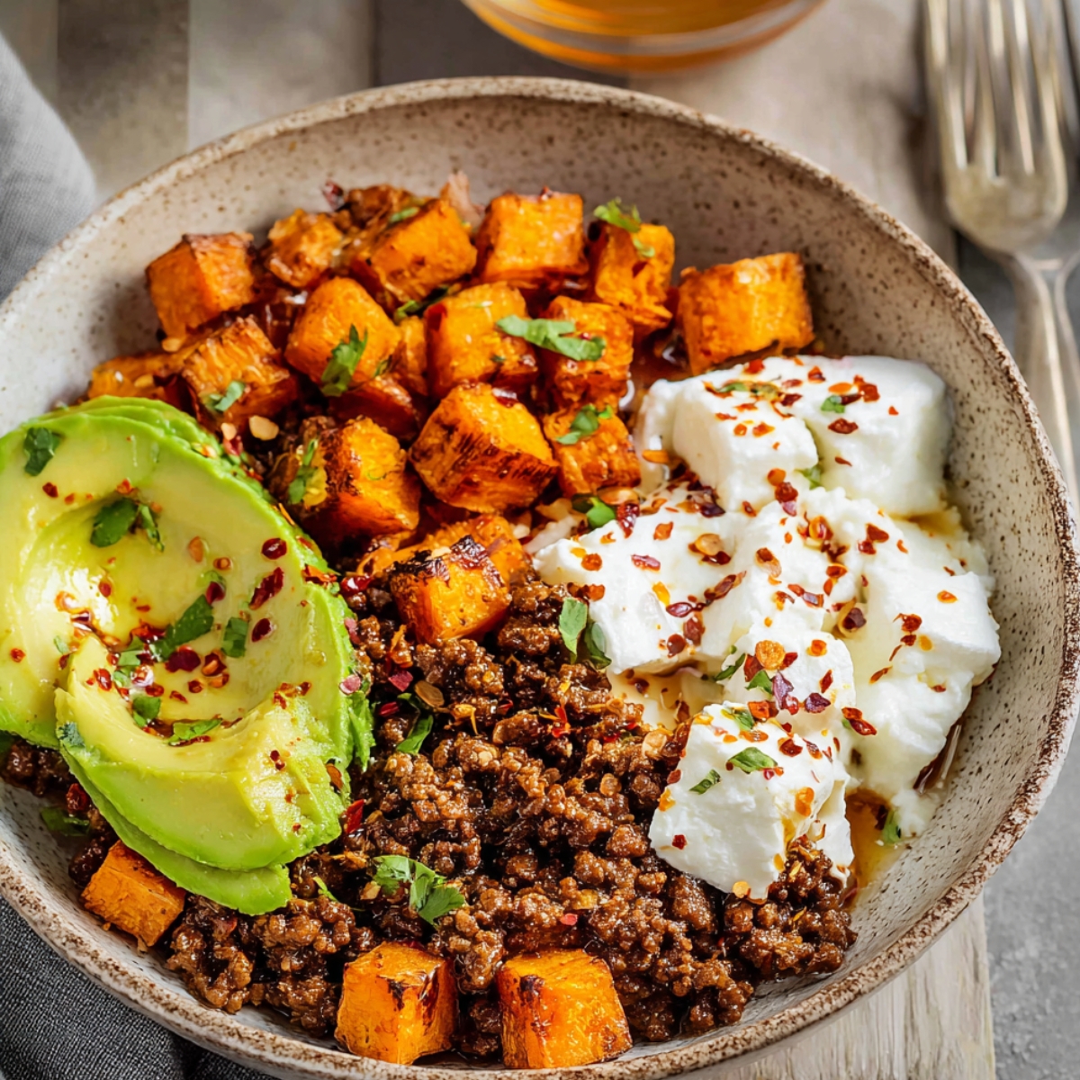 A fresh, colorful Cottage Cheese Taco Bowl Recipe featuring roasted sweet potatoes, ground beef, avocado, and cottage cheese.