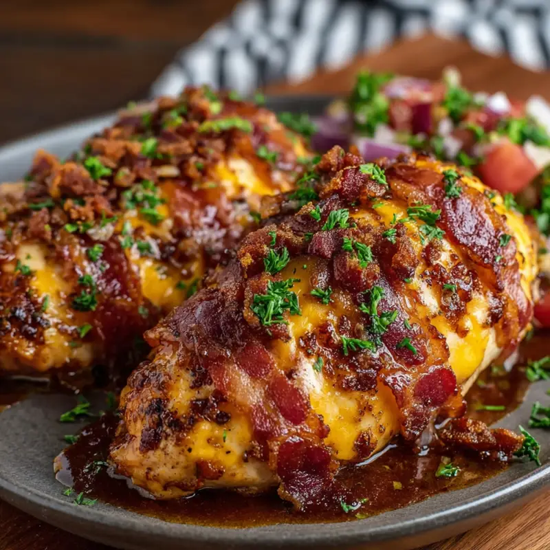 Cowboy BBQ Bacon Cheddar Chicken topped with crispy bacon, melted cheddar, and fresh parsley on a wooden serving board.
