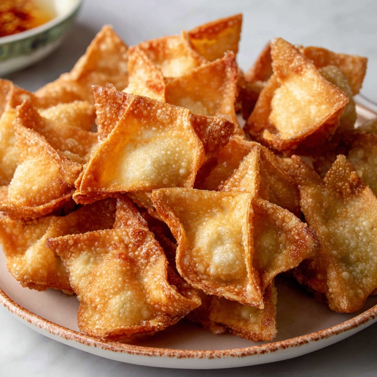 A plate of crispy, golden-brown crab rangoons arranged neatly, with a crunchy texture and lightly browned edges.