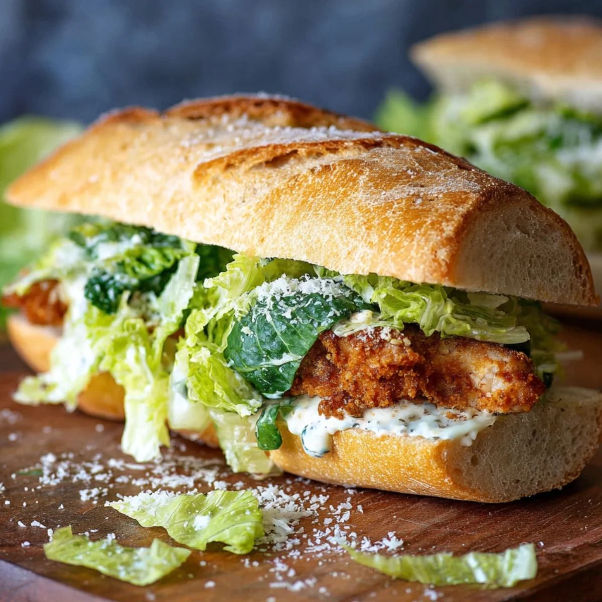 A Crispy Chicken Caesar Sandwich with fresh lettuce, creamy dressing, and parmesan cheese on a toasted baguette, served on a wooden surface.