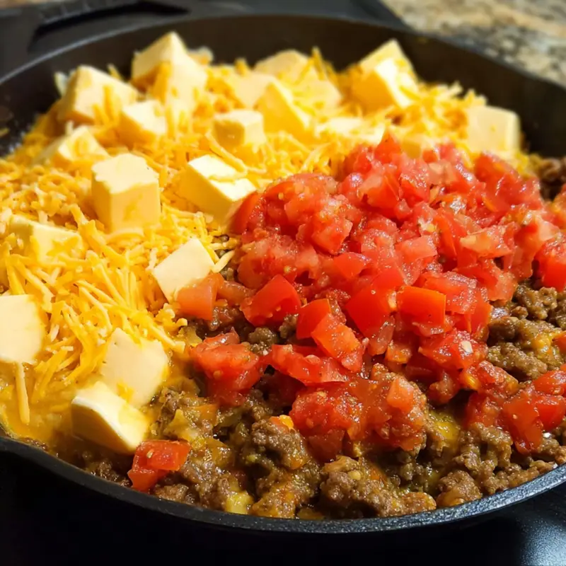 While your beef is sizzling away, take your block of Velveeta and cut it into cubes. I go for roughly one-inch pieces because they melt faster and more evenly. This is a good job for kids if you've got little helpers who want to be involved.