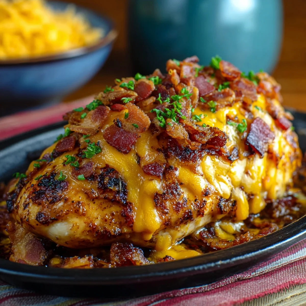 Homemade cowboy BBQ bacon cheddar chicken topped with melted cheddar, crispy bacon pieces, and fresh parsley on a black plate.
