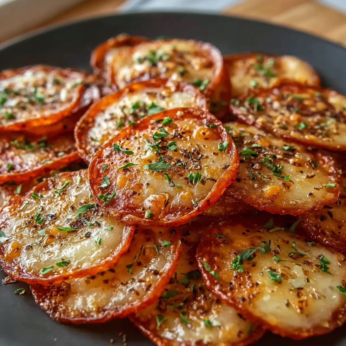 A plate of homemade pepperoni and cheese crisps, baked until golden with crispy edges, topped with herbs and small pepperoni slices.