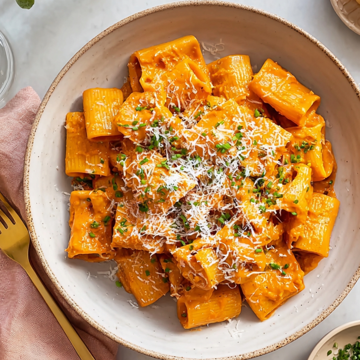 Gochujang Pasta Recipe in a creamy sauce, topped with grated cheese and fresh chives, served in a bowl with a gold fork beside it.