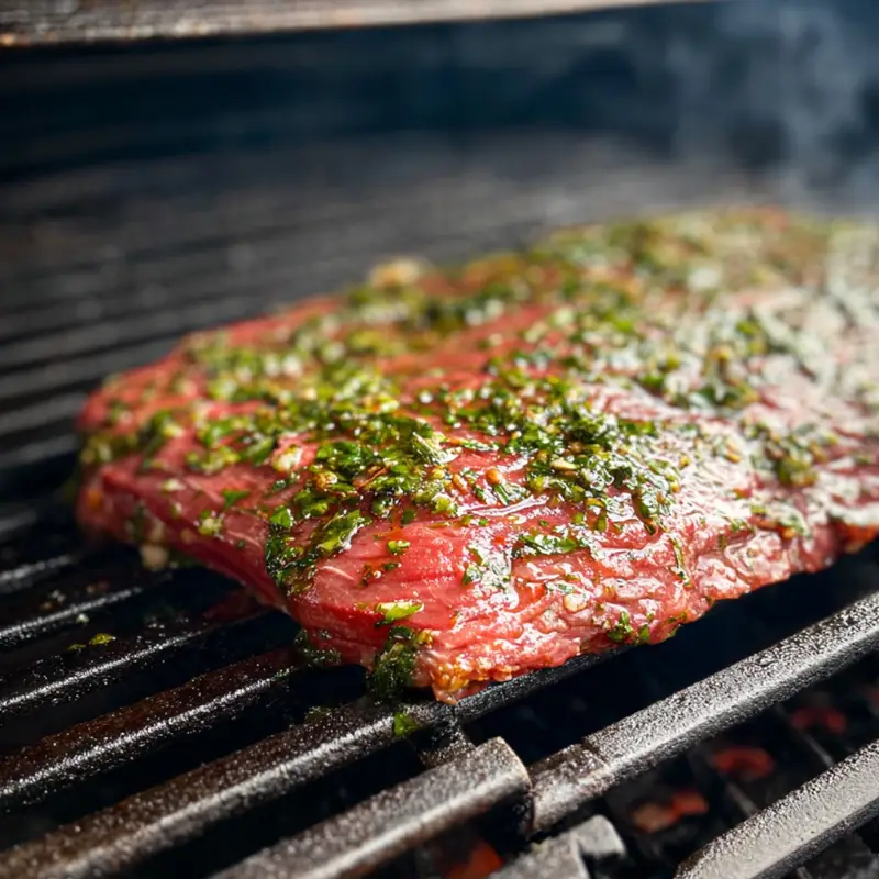 Get it to medium-high heat—you want a good sear without burning the marinade. Place the steak on the grates and let it cook for about 10 minutes. No peeking, no poking. Just let it do its thing.