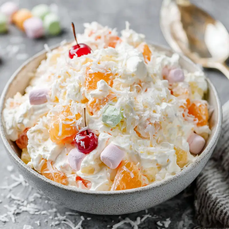 Homemade ambrosia fruit salad piled in a bowl, topped with shredded coconut, mandarin oranges, cherries, and pastel mini marshmallows.