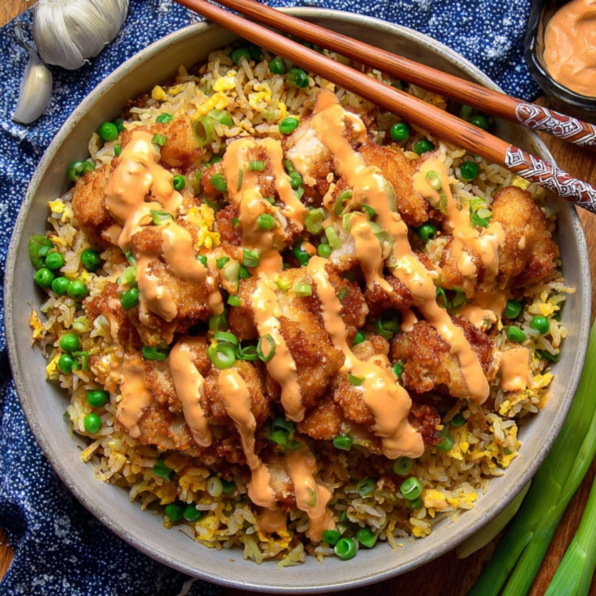 Homemade bang bang chicken fried rice with crispy chicken, peas, eggs, and creamy spicy sauce.
