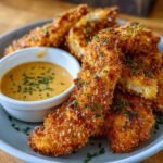 Homemade Crack Chicken Tenders coated in golden breading and sprinkled with herbs, served beside a small dish of creamy dipping sauce.