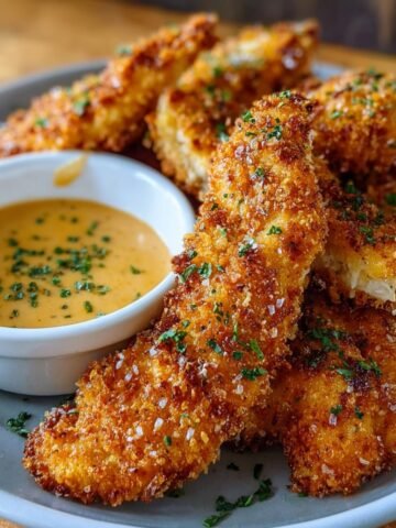 Homemade Crack Chicken Tenders coated in golden breading and sprinkled with herbs, served beside a small dish of creamy dipping sauce.
