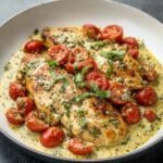 Pan-seared chicken breasts in a Creamy Pesto Chicken with cherry tomatoes and fresh basil.