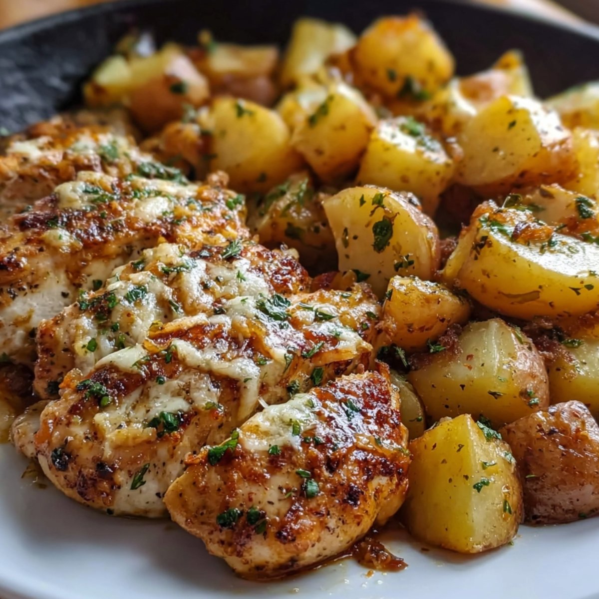 Homemade Garlic Parmesan Chicken and Potatoes, roasted golden potatoes, and crispy bacon, all garnished with fresh parsley.