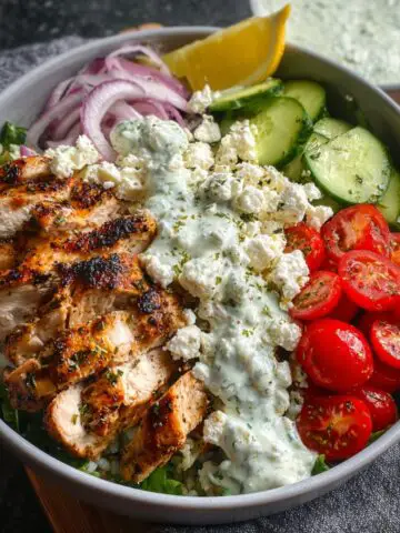 Homemade Greek Chicken Bowls filled with seasoned chicken, tomatoes, cucumbers, red onions, feta, lettuce, and tzatziki.