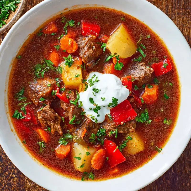 Homemade Hungarian Goulash filled with tender beef, potatoes, carrots, and red peppers, topped with sour cream and fresh parsley.