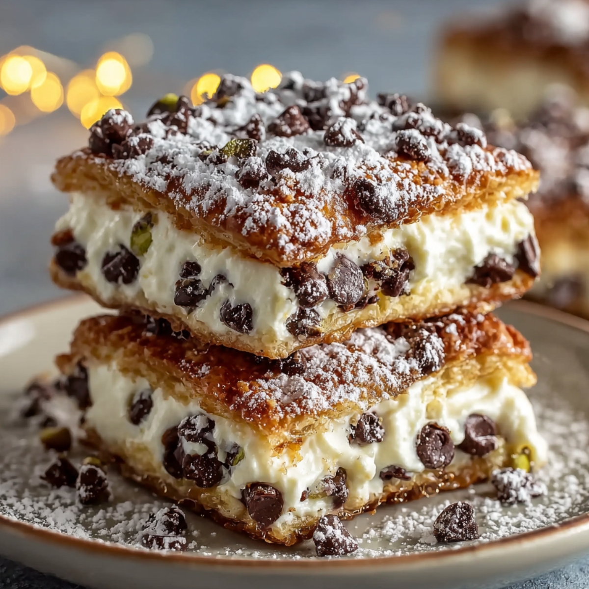 Homemade ricotta cannoli squares stacked on a plate, filled with creamy ricotta and chocolate chips, and dusted generously with powdered sugar.