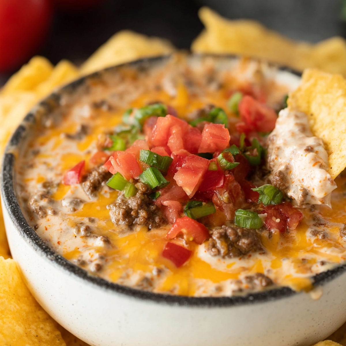 A close-up of homemade Rotel Dip with ground beef, topped with fresh chopped tomatoes and cilantro, served in a white bowl. The dip is surrounded by crispy tortilla chips, and colorful bell peppers can be seen in the background.