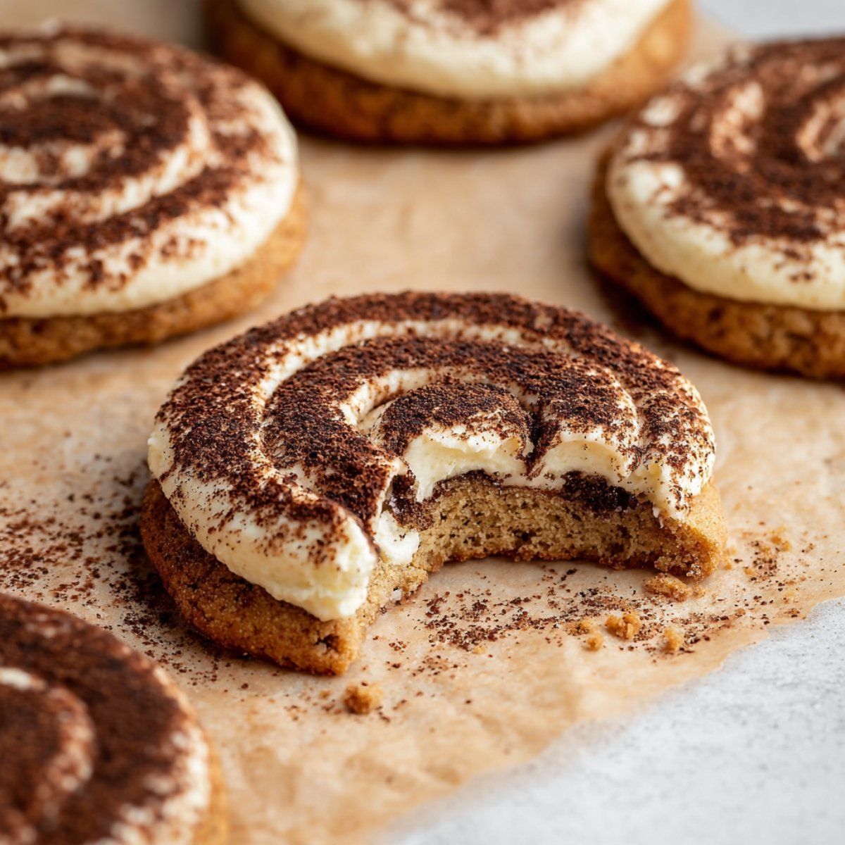 Homemade Tiramisu Cookies with a bite taken out, showing mascarpone cream swirl and cocoa powder.