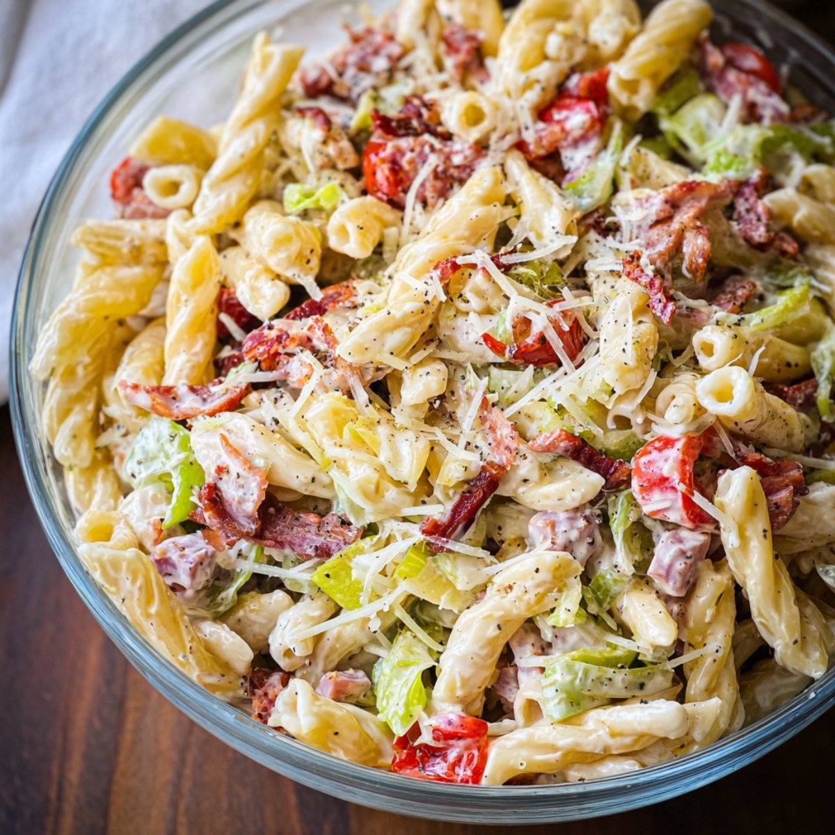 Italian Grinder Pasta Salad with penne, tomatoes, lettuce, cheese, and deli meats, topped with creamy dressing.