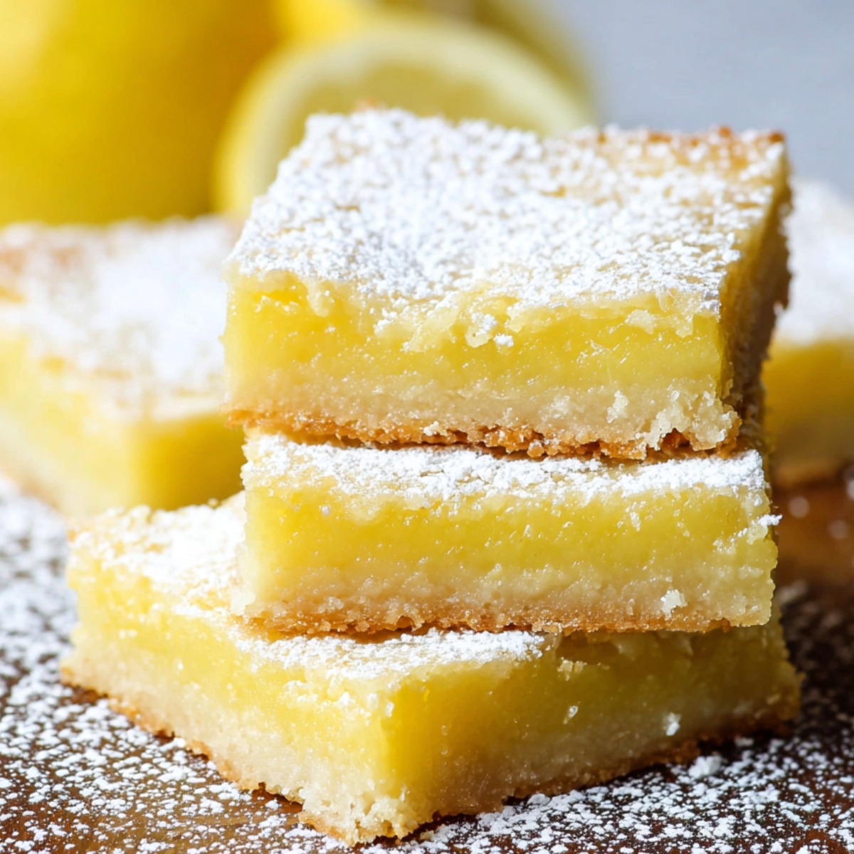 Lemon Bars stacked on a wooden surface, dusted with powdered sugar, with fresh lemons blurred in the background.
