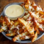 Plate of cheese-covered Louisiana Voodoo Fries with a side of creamy dipping sauce.