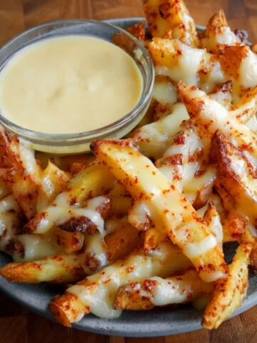 Plate of cheese-covered Louisiana Voodoo Fries with a side of creamy dipping sauce.