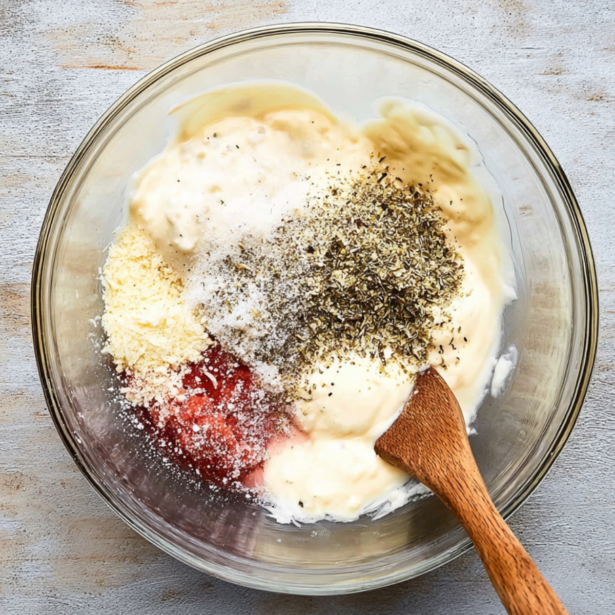 In a medium bowl, whisk together the mayonnaise, red wine vinegar, minced garlic, sugar, dried oregano, salt, black pepper, and grated Parmesan until the mixture is smooth and creamy. The dressing should be thick but pourable. Set it aside while you prep the other ingredients.