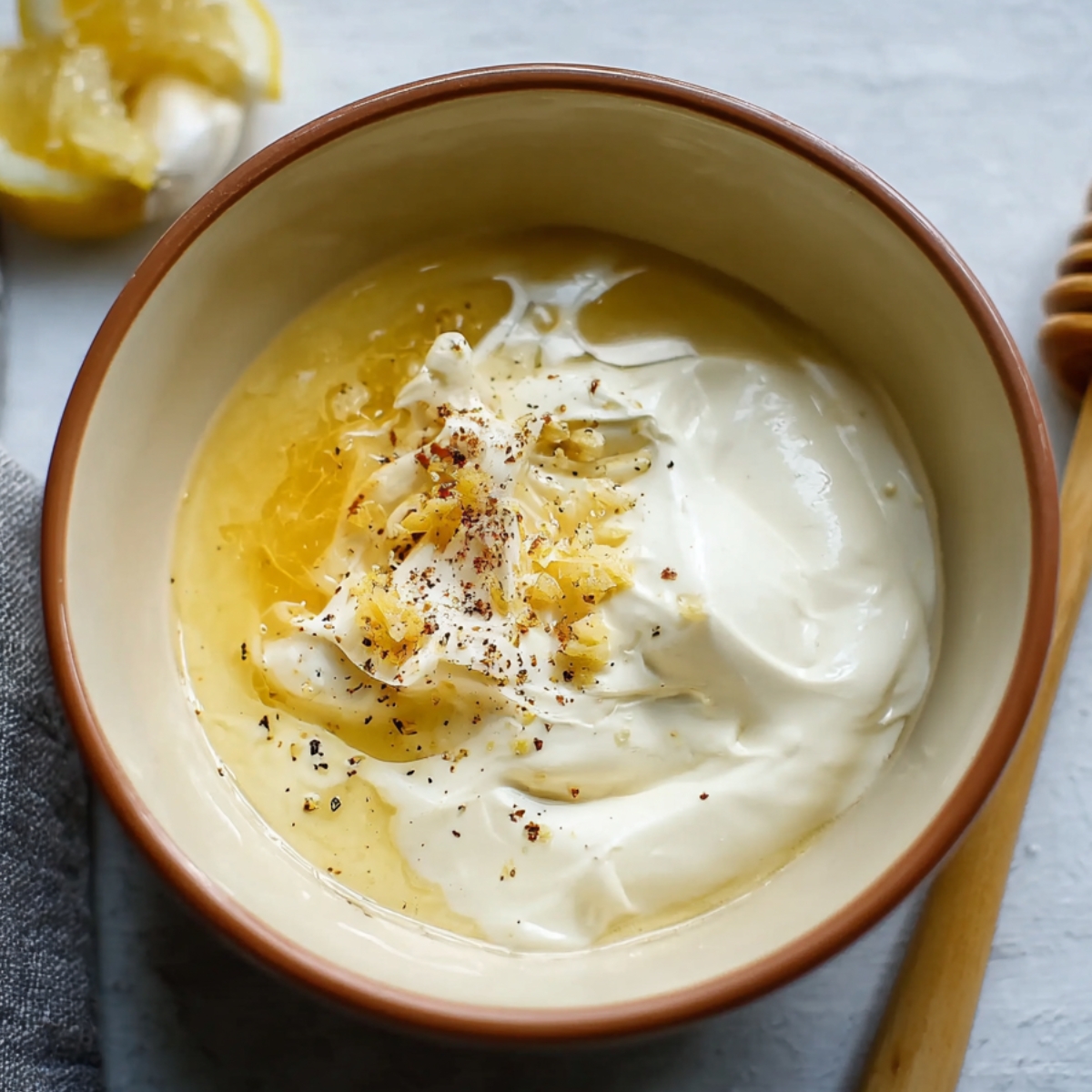 In a small bowl, whisk together the Greek yogurt, lemon juice, Dijon, honey, minced garlic, and a pinch of salt and pepper. Taste it and adjust if needed. Set it aside.