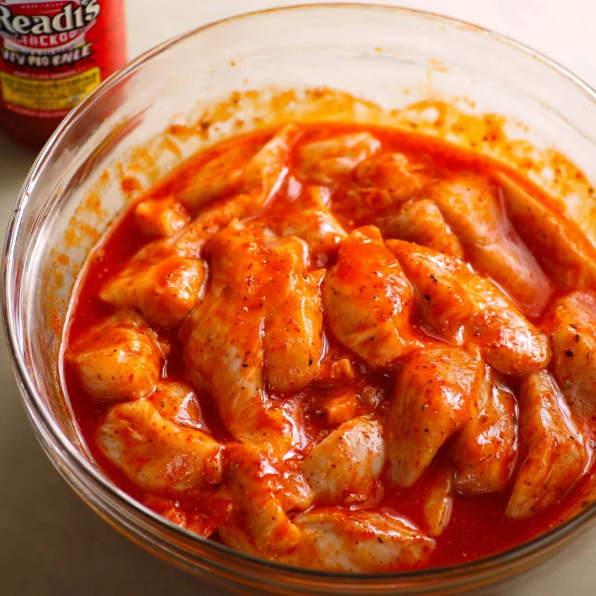 In a small bowl, whisk together the olive oil, buffalo sauce, smoked paprika, garlic powder, and a pinch of salt. Toss the chicken strips in the marinade and let them sit for at least 10 minutes. If you've got time, let them marinate in the fridge for up to 24 hours for even more flavor.