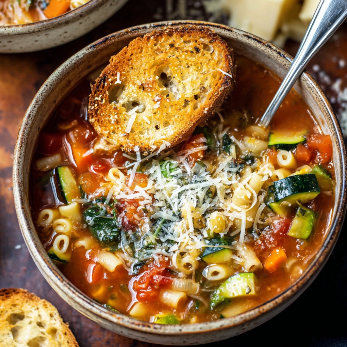 A bowl of minestrone soup with pasta, vegetables, and grated cheese, topped with a slice of toasted bread.