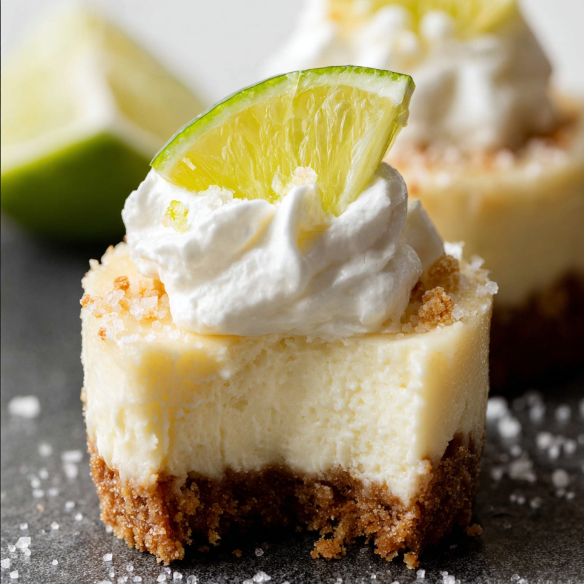 Close-up of a Mini Margarita Cheesecakes with a slice of lime, whipped cream topping, and a crumbly graham cracker crust, ready to be enjoyed.