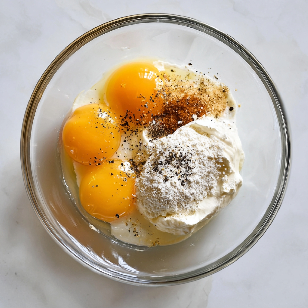 In a large bowl, whisk together the sour cream, mayo, garlic powder, onion powder, baking powder, eggs, and a quarter teaspoon of black pepper. It'll look a little weird at first, but just keep whisking until it's smooth.
