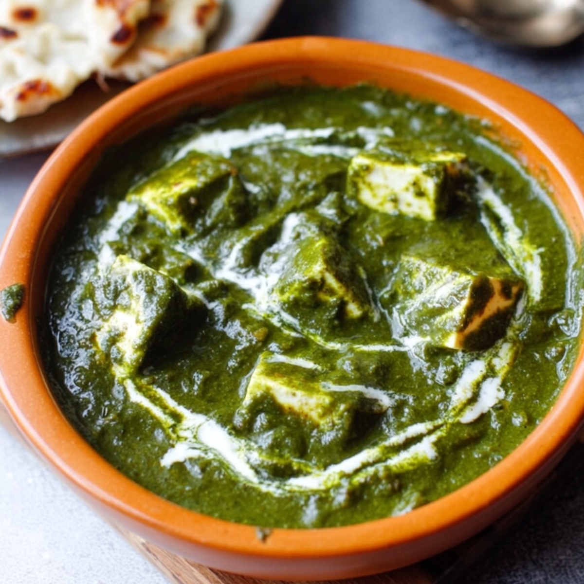 A bowl of homemade Palak Paneer with golden-brown paneer cubes in a creamy spinach gravy, drizzled with cream.