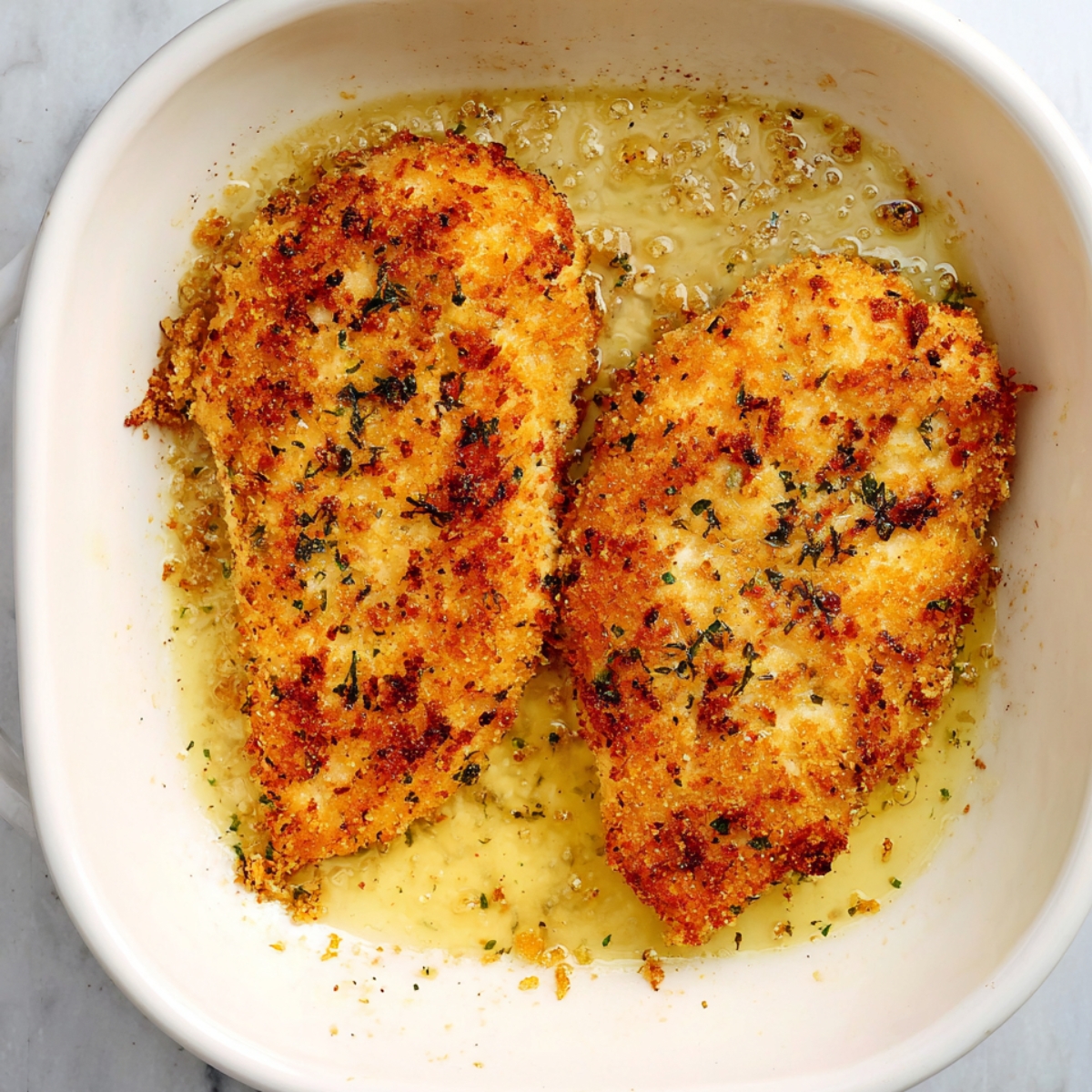 Heat the olive oil in a large skillet over medium-low heat. You'll know it's ready when the oil starts to shimmer and flicker slightly. Add two breaded chicken breasts at a time and cook for about 2 minutes per side, just until the coating turns golden and crispy. Transfer them to a paper towel-lined plate and repeat with the remaining two pieces.