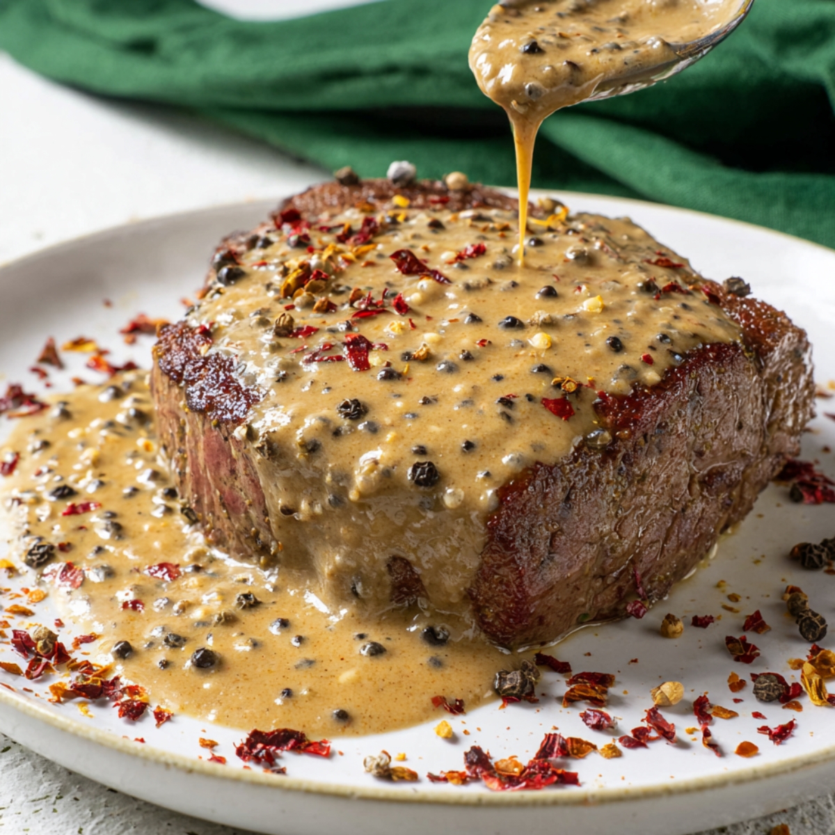 A steak topped with creamy peppercorn sauce, garnished with black pepper and red chili flakes, served on a white plate.