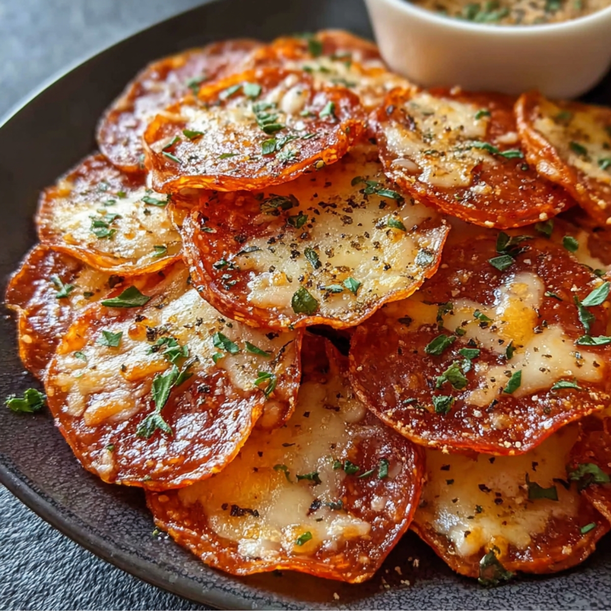 A plate of homemade pepperoni and cheese crisps topped with melted cheese, cracked black pepper, and chopped herbs, served with a small dipping sauce.
