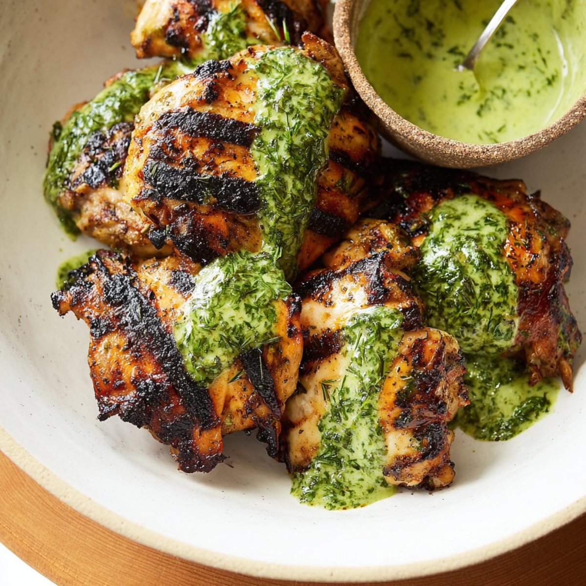 Peruvian Chicken with Green Sauce Recipe topped with a fresh green herb sauce. Highlight the smoky grilled chicken paired with a creamy, zesty sauce made from cilantro, garlic, and lime.