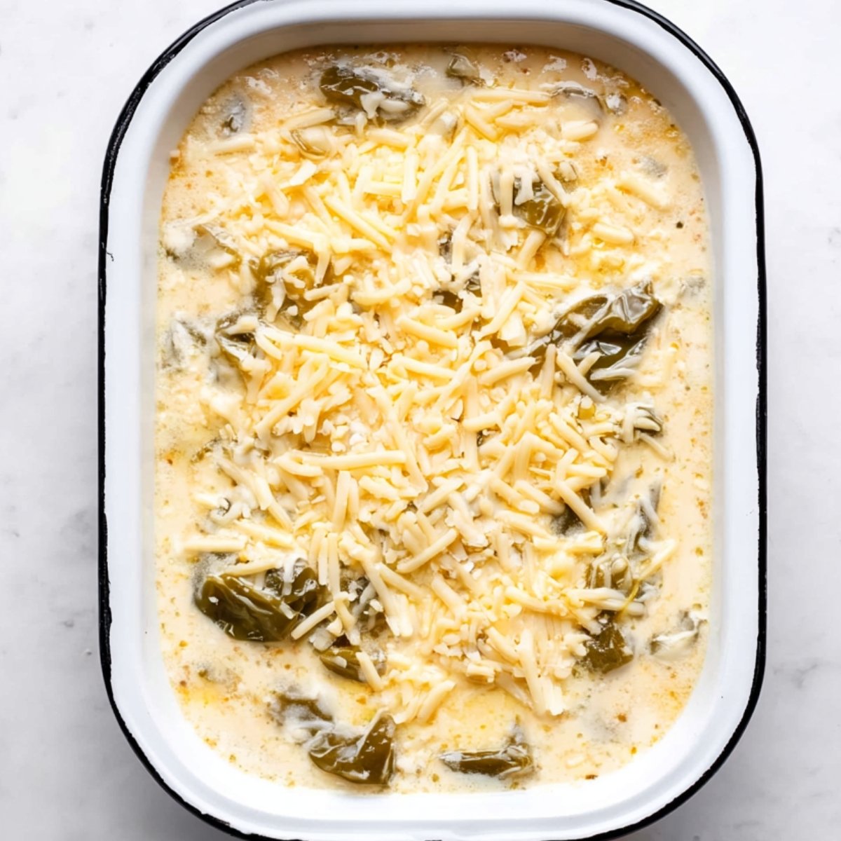 Pour the egg mixture evenly over the layered chiles and cheese. It'll seep down into all the gaps.