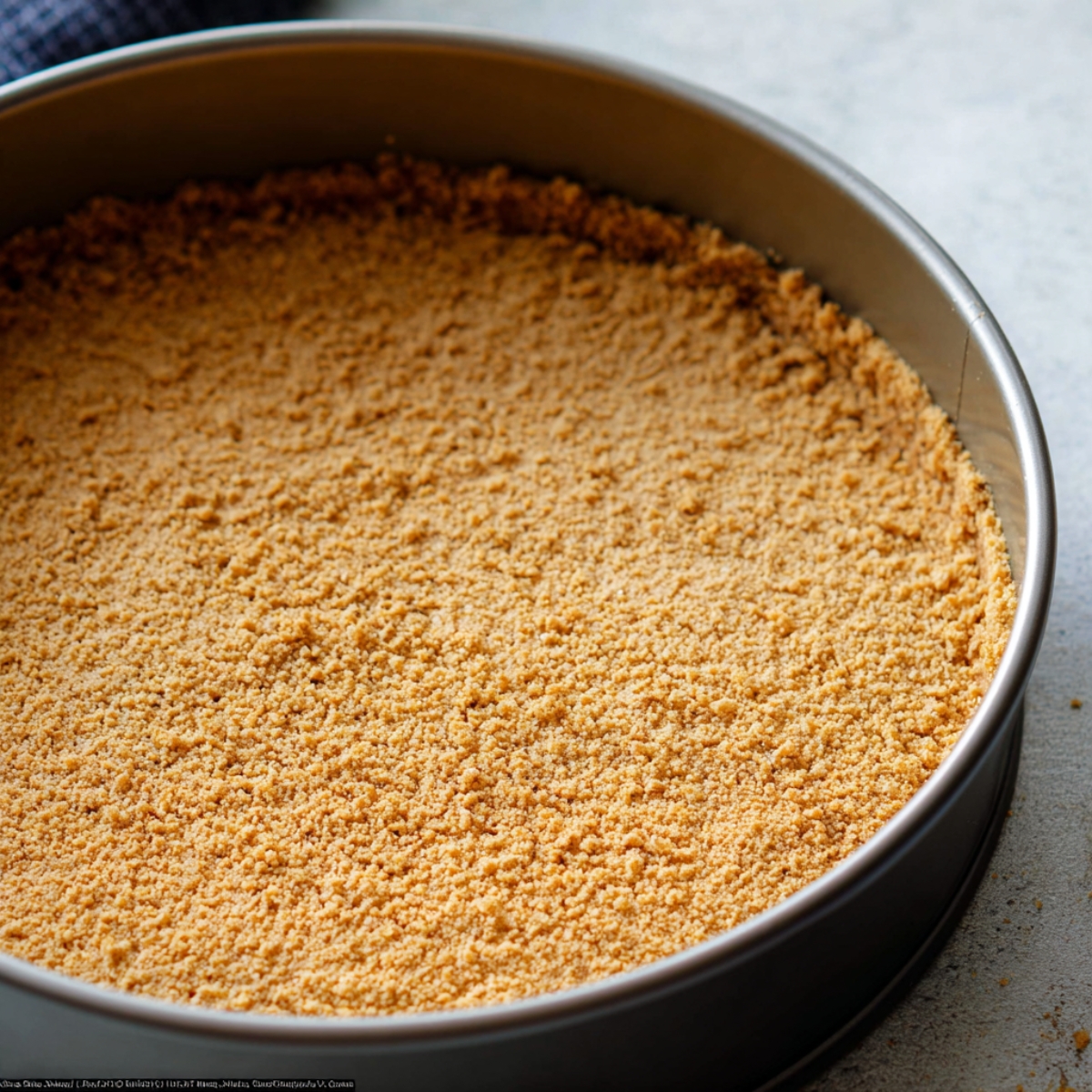 A graham cracker crust pressed into a springform pan, ready for baking.