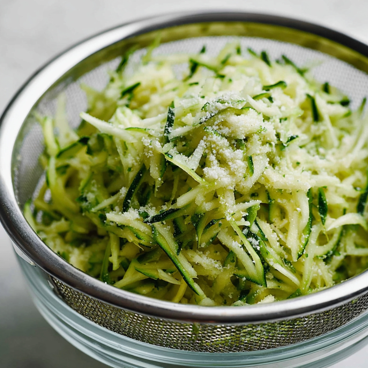 Trim the ends off your zucchini and grate them using the big holes on a box grater. Toss all that grated zucchini into a sieve and sprinkle it with a teaspoon of kosher salt. Let it sit for about 10 minutes. This draws out all the moisture.