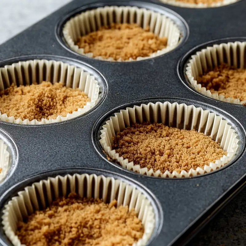 A muffin tin with paper liners filled with graham cracker crumbs, prepared as the base for mini margarita cheesecakes.