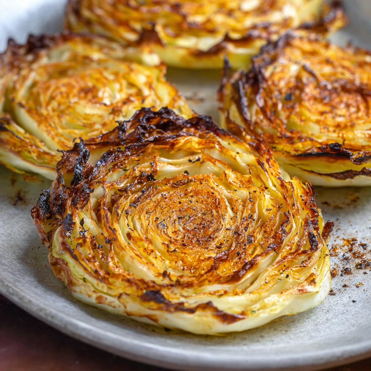 Roasted Cabbage Steaks Recipe with a crispy, caramelized texture. They are cut into thick slices and seasoned, giving them a beautiful golden-brown color.