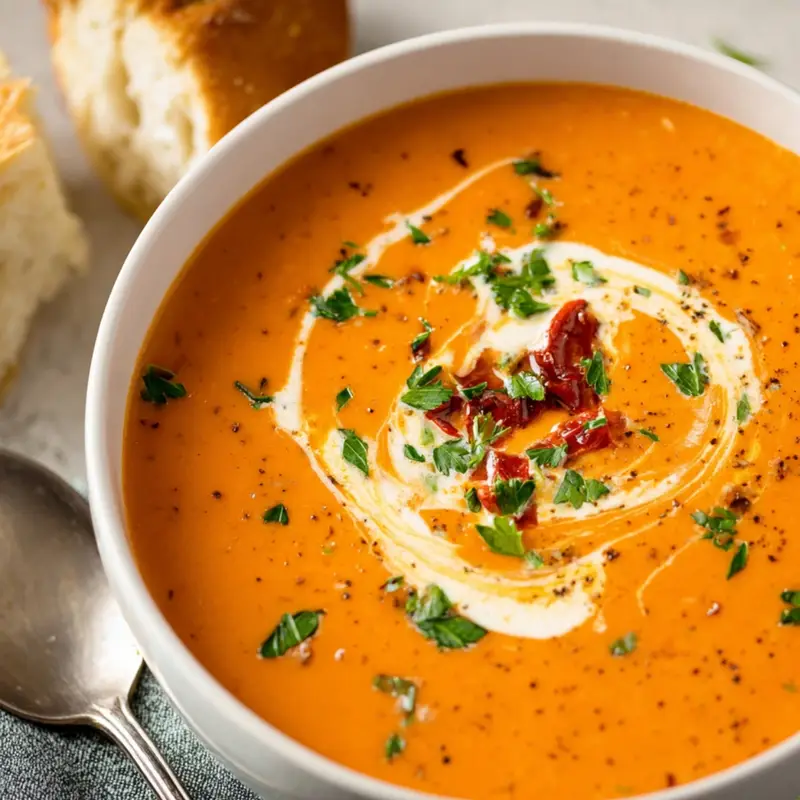 A bowl of creamy roasted red pepper gouda soup, topped with a swirl of cream, fresh parsley, and sun-dried tomatoes. A piece of bread and a spoon are visible beside the bowl.