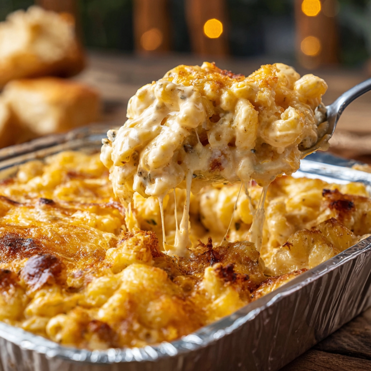 Smoked Mac and Cheese being lifted from a golden, bubbling dish.