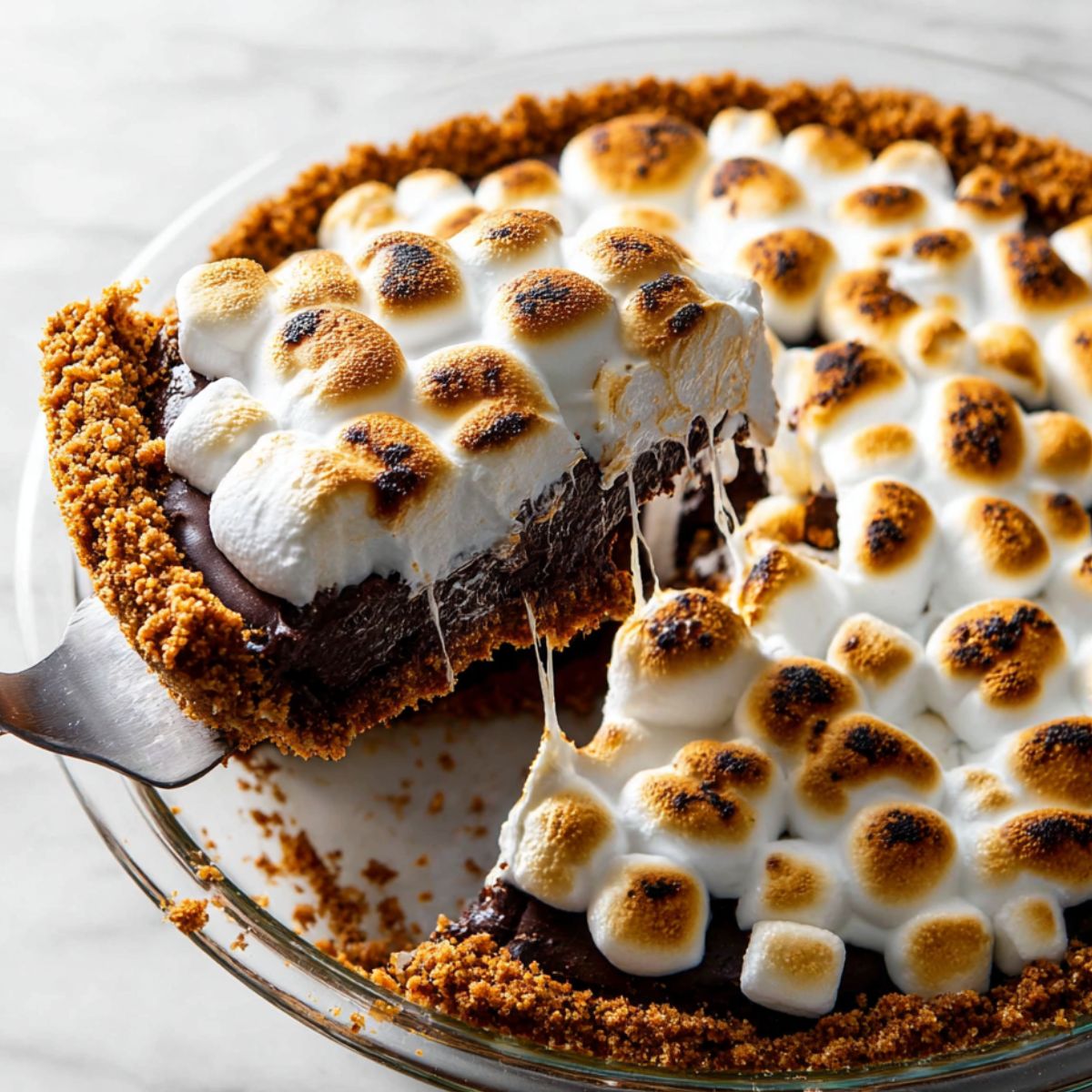 Spoon lifting gooey s’mores brownie pie with toasted marshmallows and melted chocolate.