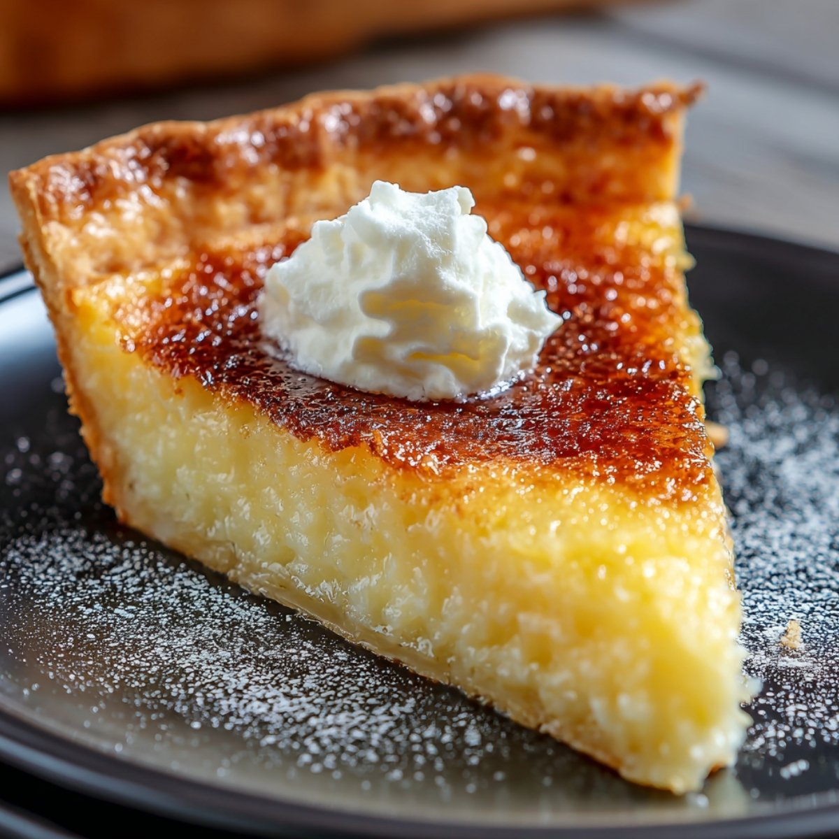 A slice of homemade buttermilk pie with a golden, flaky crust, smooth, creamy filling, topped with a dollop of whipped cream and dusted with powdered sugar, served on a black plate.