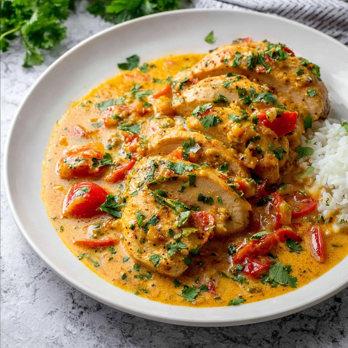 Spicy Brazilian Coconut Chicken Recipe in a creamy coconut sauce with tomatoes and fresh cilantro garnish.